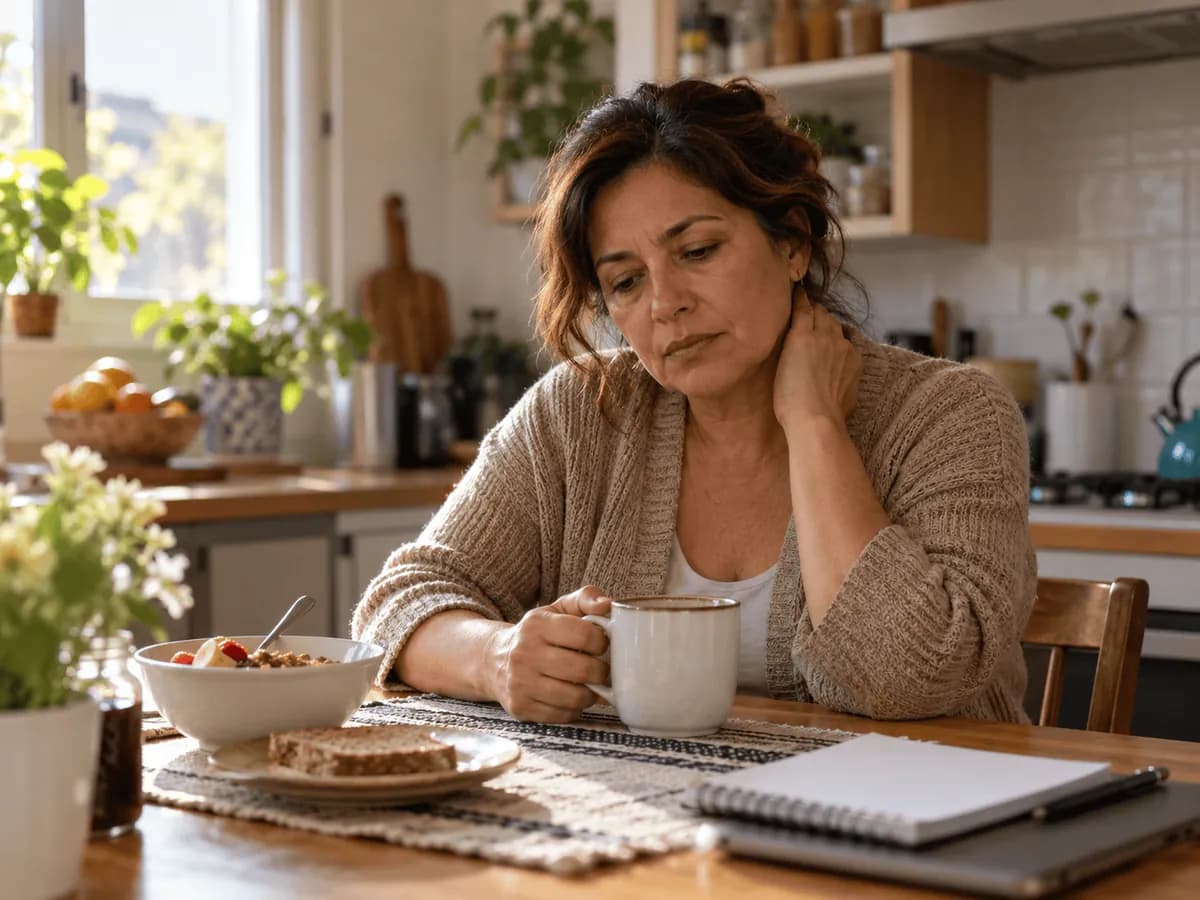 Mujer sentada a la mesa del desayuno con una taza y una mano en el cuello