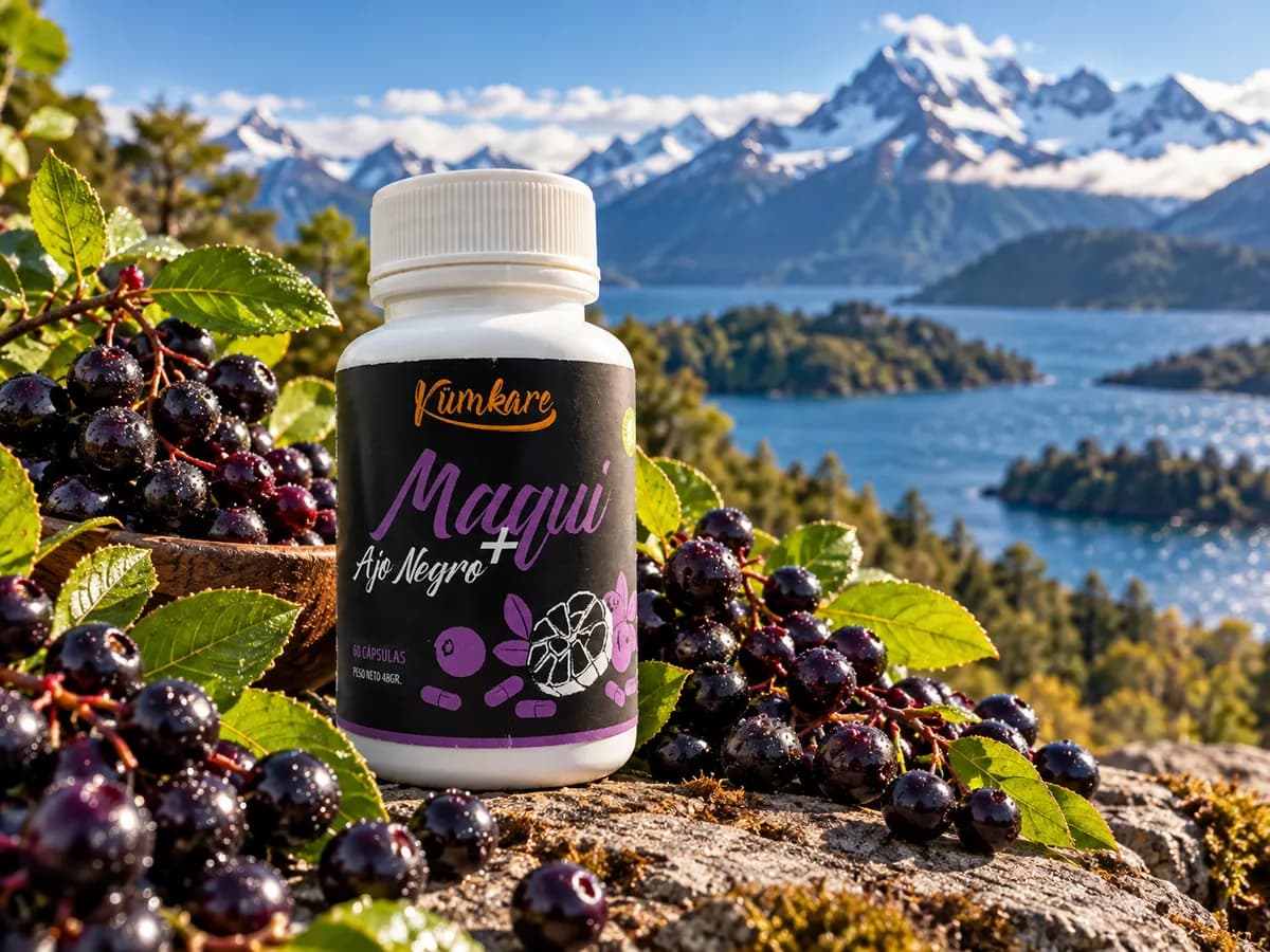 Frasco de Maqui + Ajo Negro entre bayas moradas, con un lago y montañas al fondo